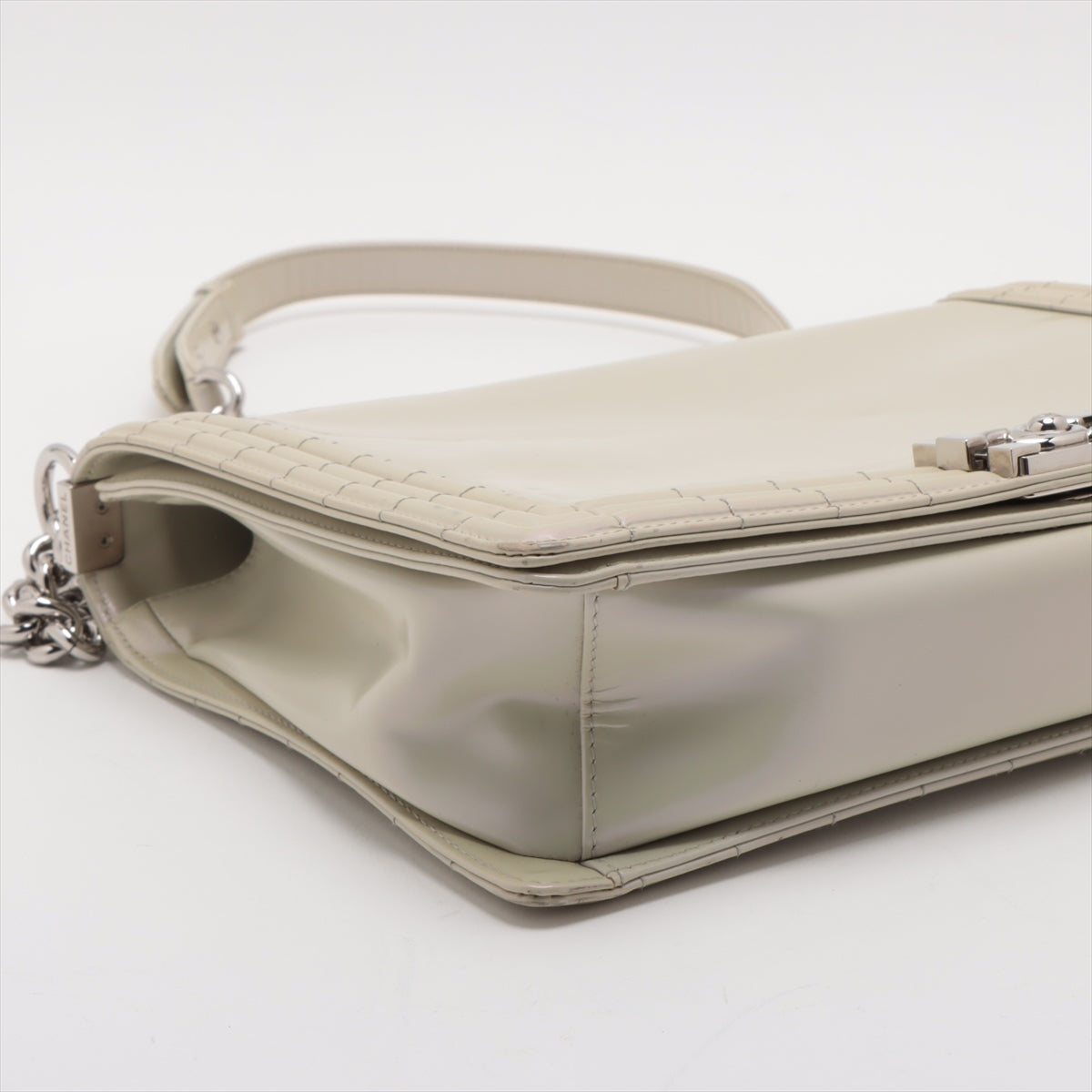 Chanel Boy Leather White Silver Pearl Chain Shoulder Bag