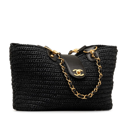 Chanel Black Straw Chain Tote Handbag