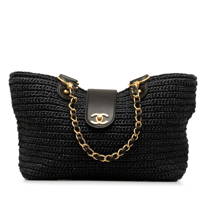 Chanel Black Straw Chain Tote Handbag