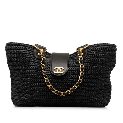 Chanel Black Straw Chain Tote Handbag
