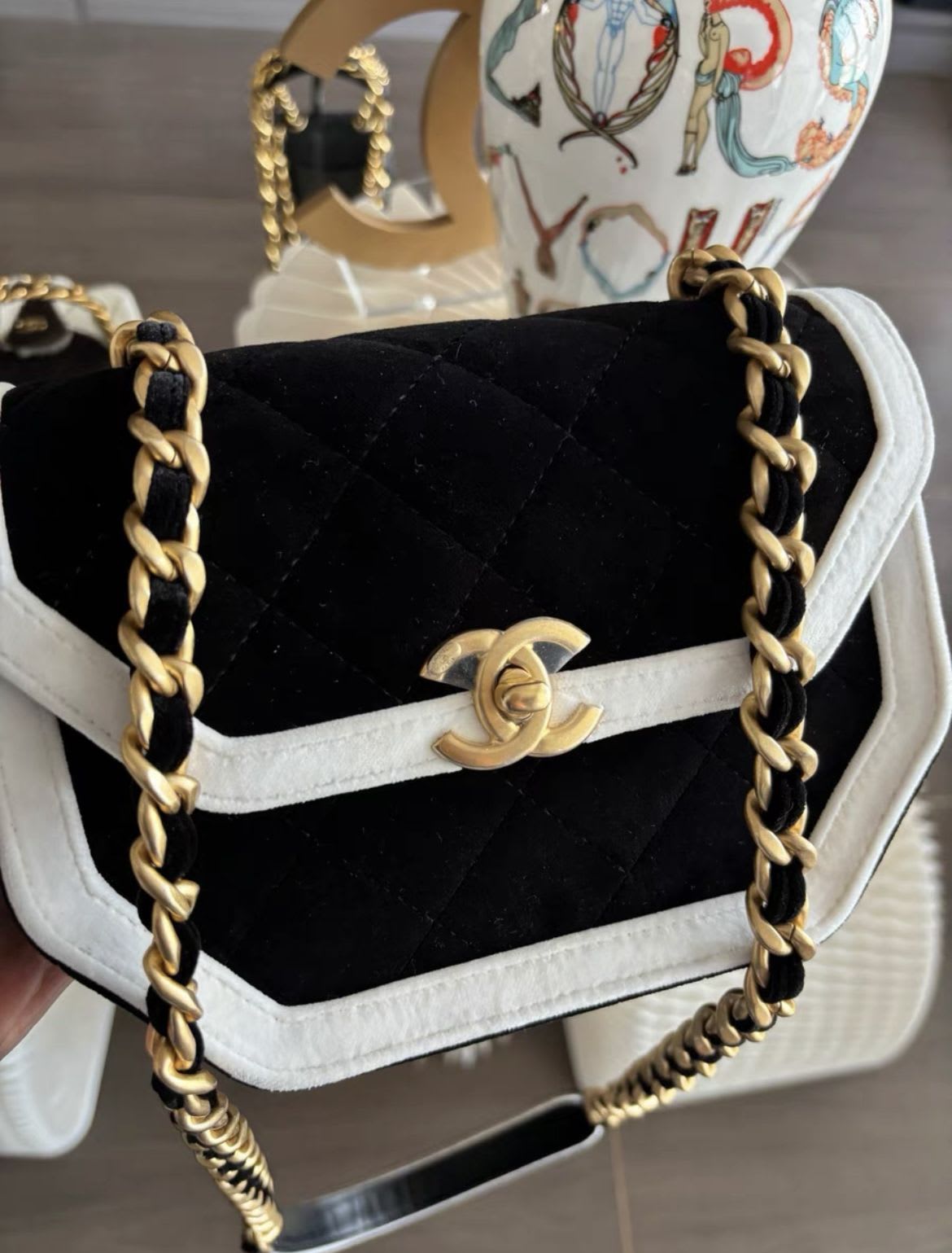 Chanel Seasonal Flap Bag Black And White Velvet With Gold Hardware