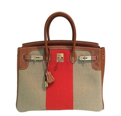 Luxury Hermes Birkin 35 Flag Bag Tan Orange Toile Limited Edition