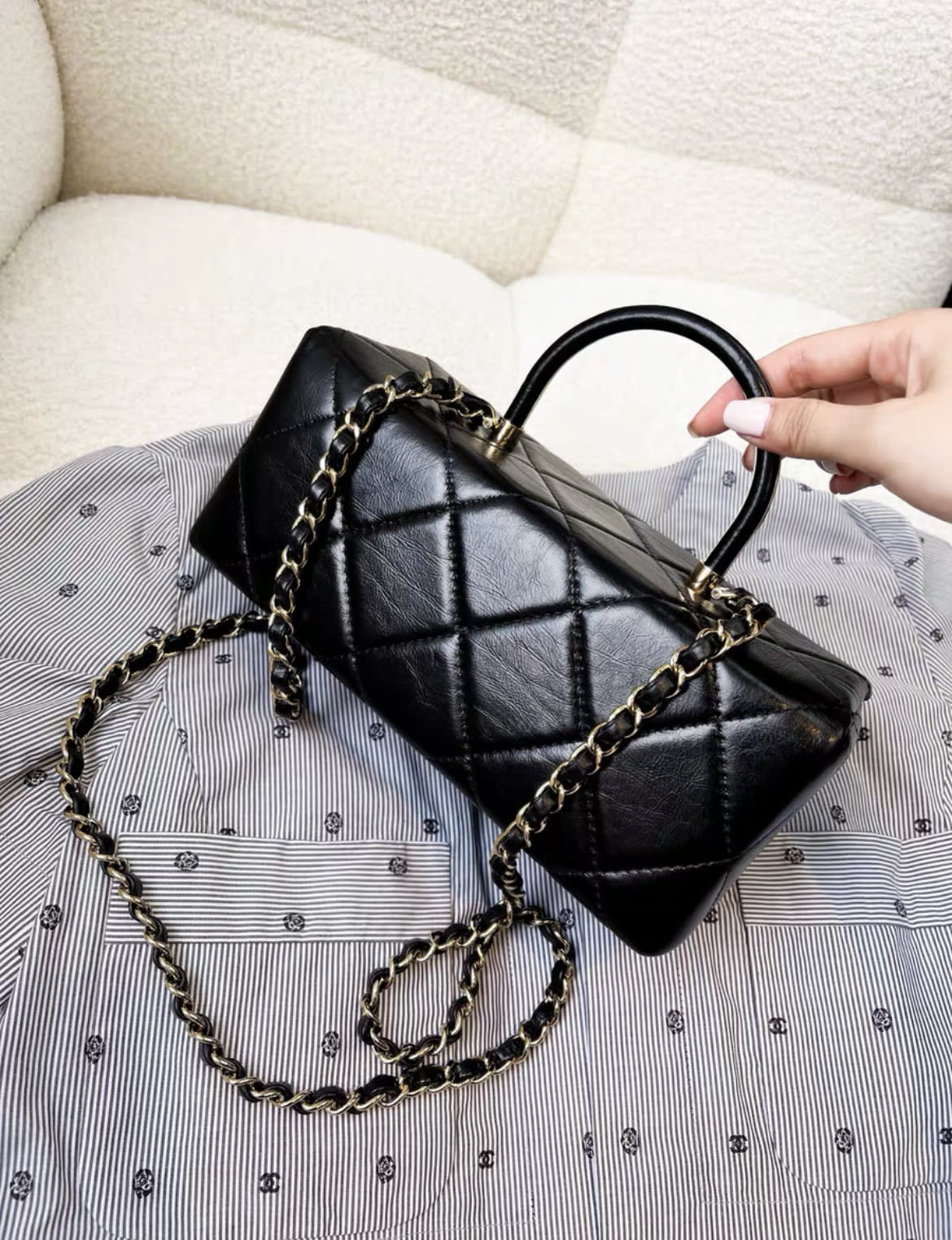 Chanel 23K Waxed Leather Black Gold Long Vanity Bag
