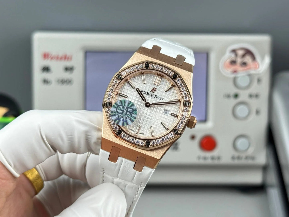 Audemars Piguet Royal 33mm Sliver Dial Diamond Bezel Crocodile Leather