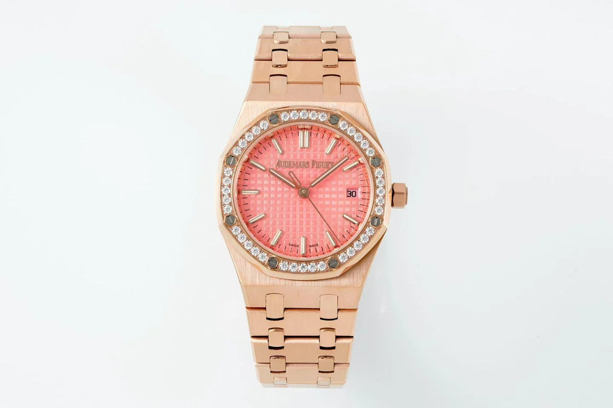 Audemars Piguet Royal Oak 34mm Pink Dial Pink Gold Case Diamond Bezel