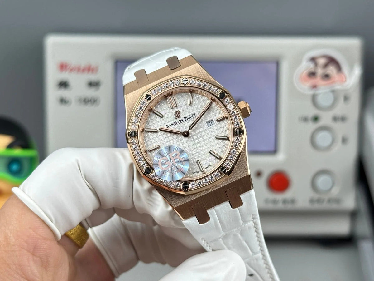 Audemars Piguet Royal 33mm Sliver Dial Diamond Bezel Crocodile Leather