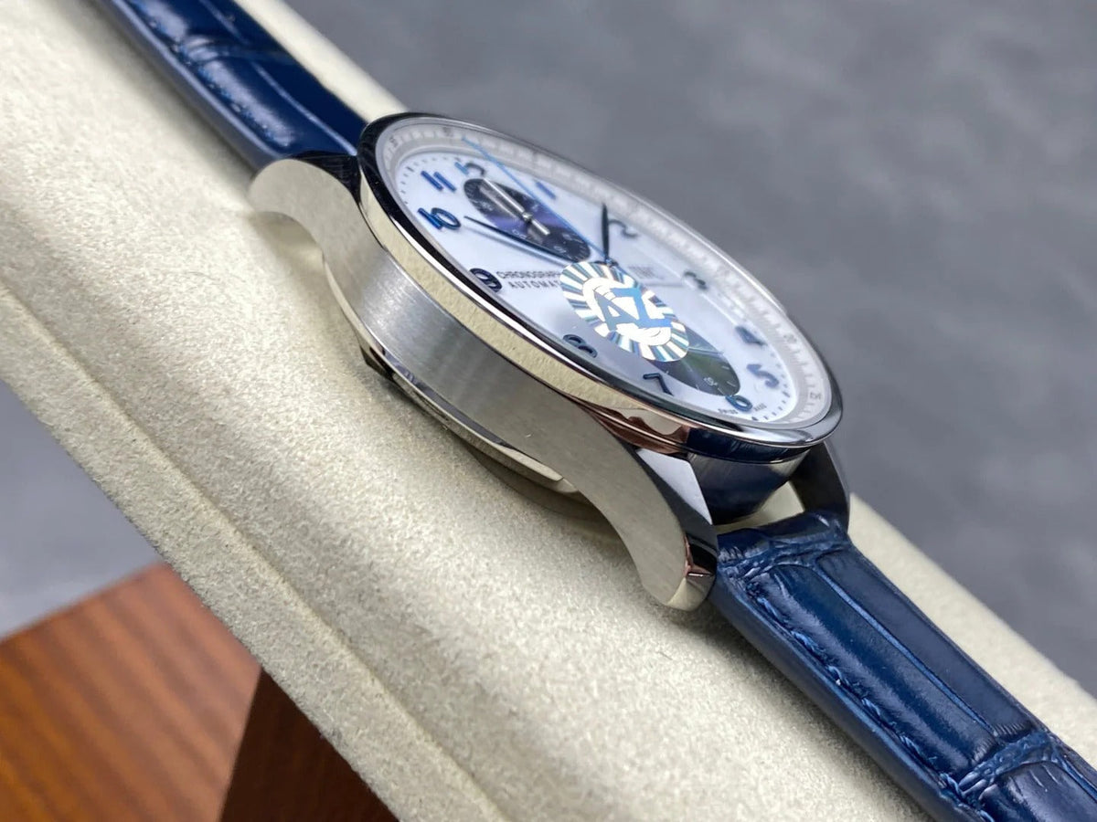 IWC Portuguese 41mm White Blue Dial Steel Case Navy Blue Crocodile Leather