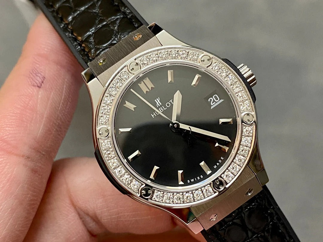 Hublot Classic Fusion Titanium Diamonds 33mm Watch Black Leather Strap