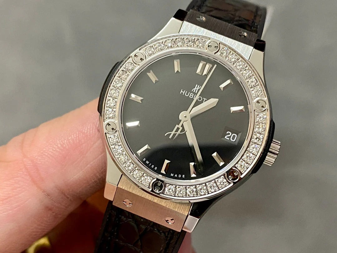 Hublot Classic Fusion Titanium Diamonds 33mm Watch Black Leather Strap