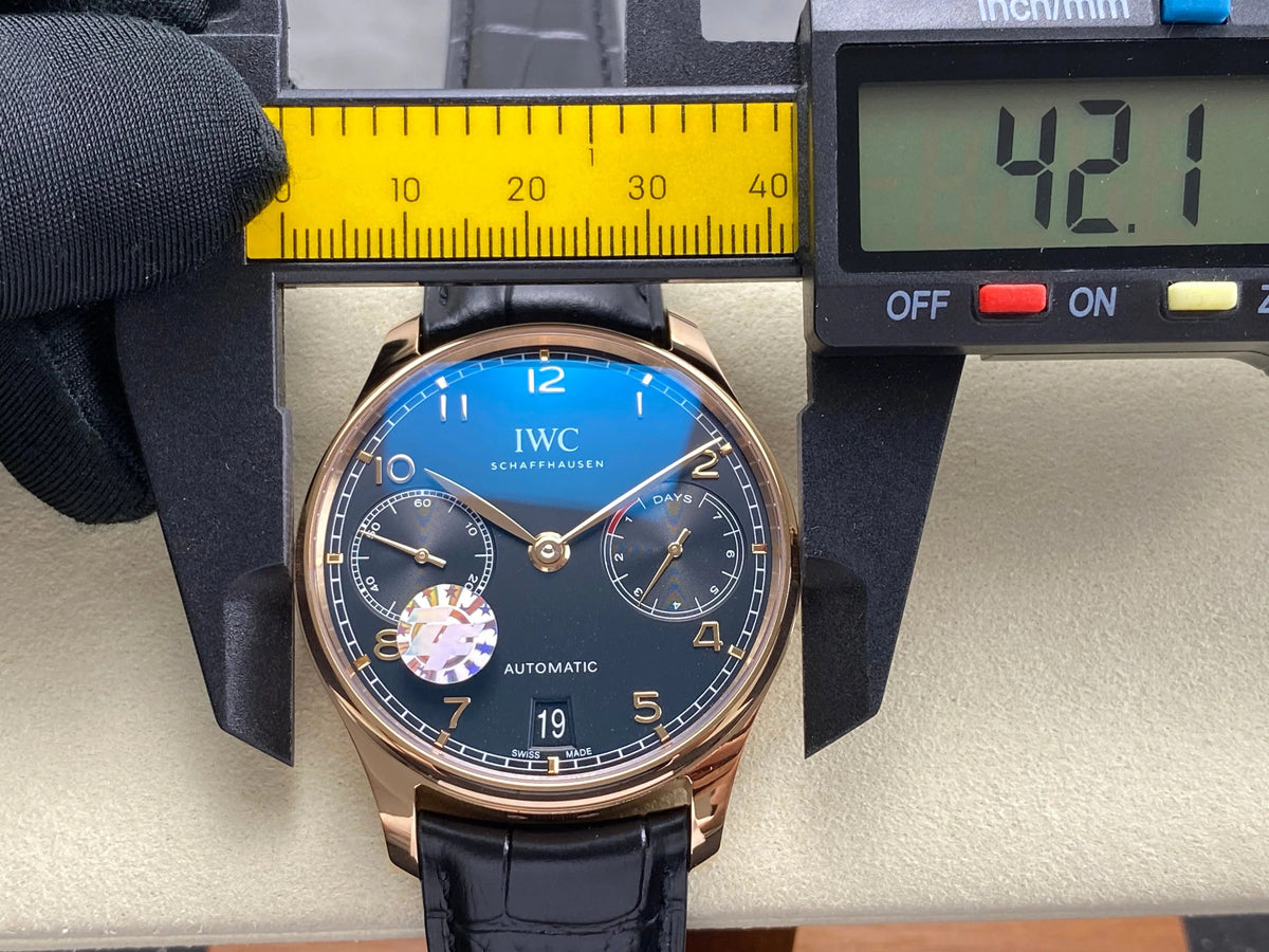 IWC Portuguese 42mm Black Dial Pink Gold Case Crocodile Leather