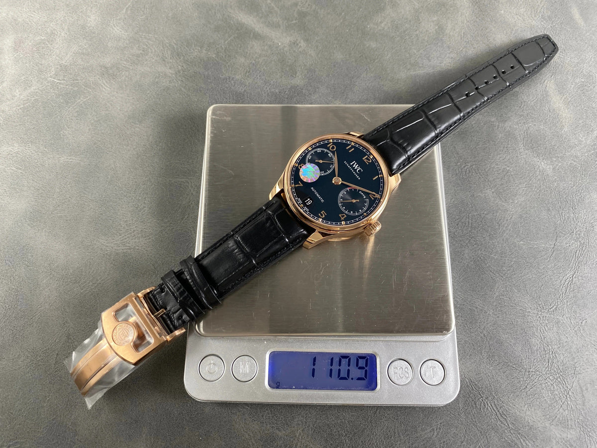IWC Portuguese 42mm Black Dial Pink Gold Case Crocodile Leather