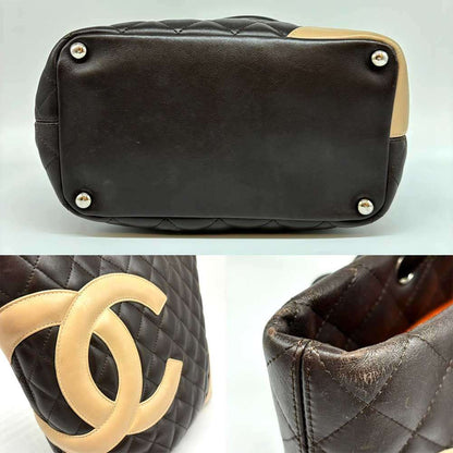 Chanel Cambon Line Leather Tote Bag Dark Brown Beige