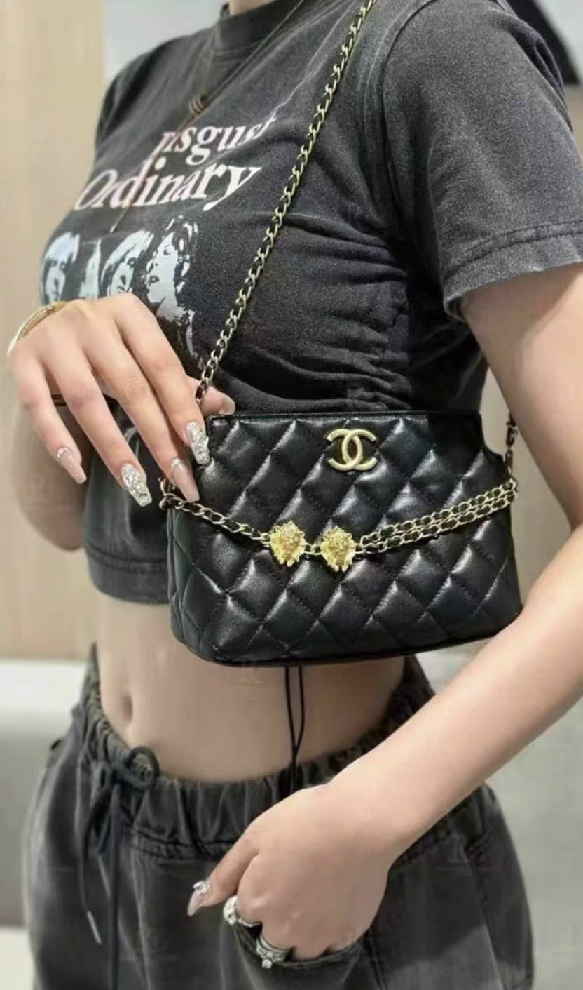 Chanel 23A Black And Gold Lion Emblem Chain Bag