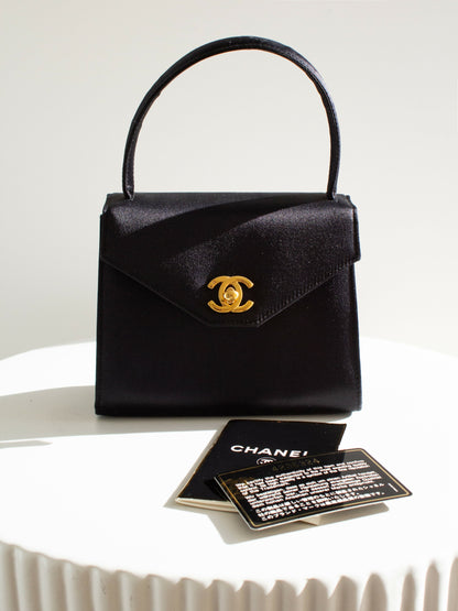 Chanel Kelly 1996 Black Satin 24K Gold Mini Evening Bag