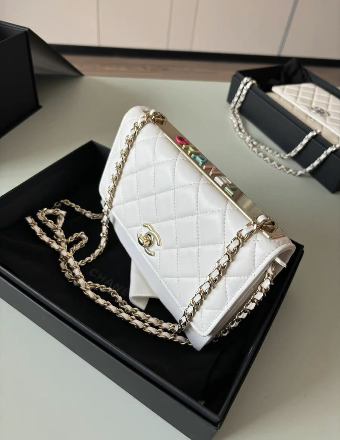 Chanel 24C Trendy Cc White Quilted Lambskin Multicolour Letter Silver Hardware