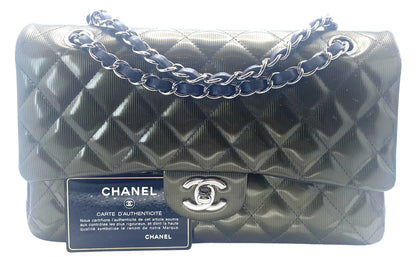 Chanel Medium Dark Green Straited Patent Leather Double Flap Timeless Classic Bag Shw