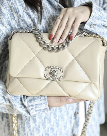 Chanel Beige Silver Medium 19Bag