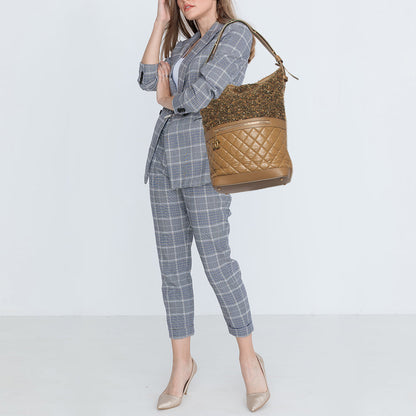 Chanel Brown Quilted Aged Leather and Tweed Large Casual Hobo