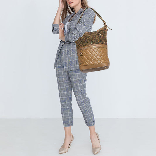 Chanel Brown Quilted Aged Leather and Tweed Large Casual Hobo