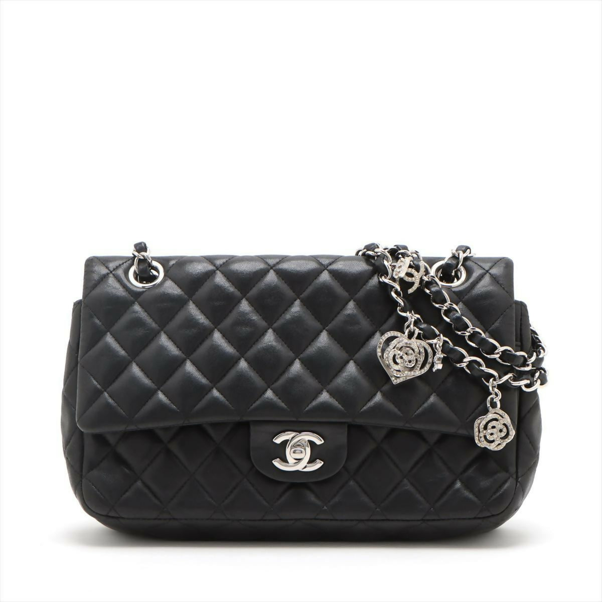 Chanel Black Matelasse Lambskin Single Flap Double Chain Bag With Silver Hardware