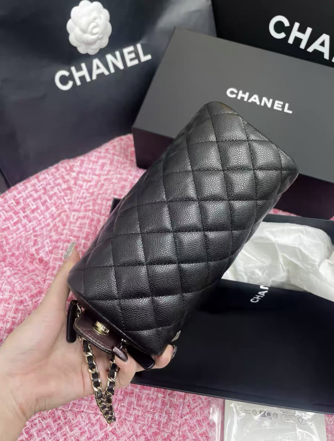 Chanel 24 Black Gold Lychee Leather Makeup Toiletry Bag Clutch