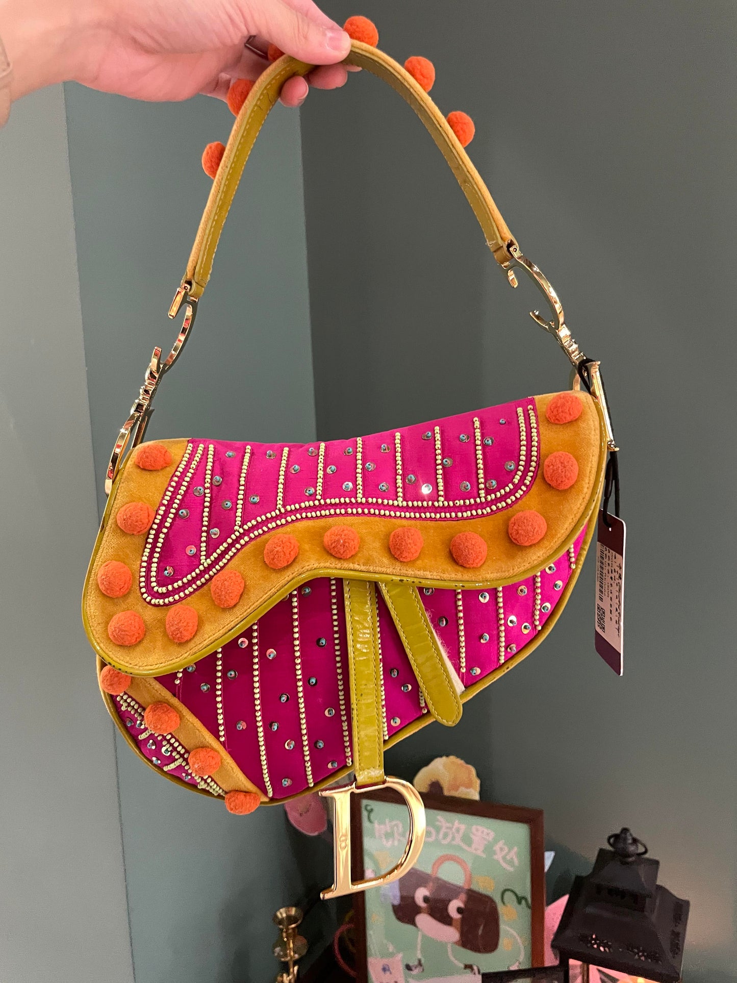 Limited Edition John Galliano era Dior Saddle bag with pompom and bead