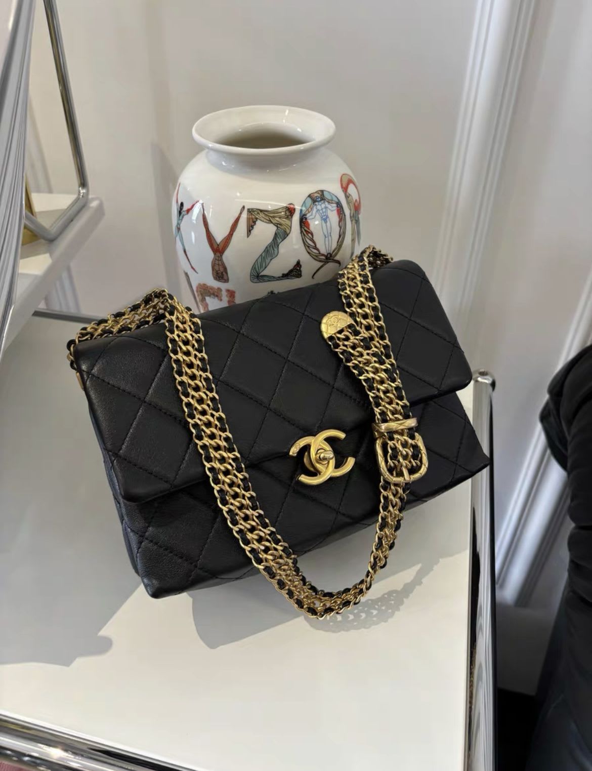 Chanel23S Black Gold Cowhide Metal Braided Belt Shoulder Strap
