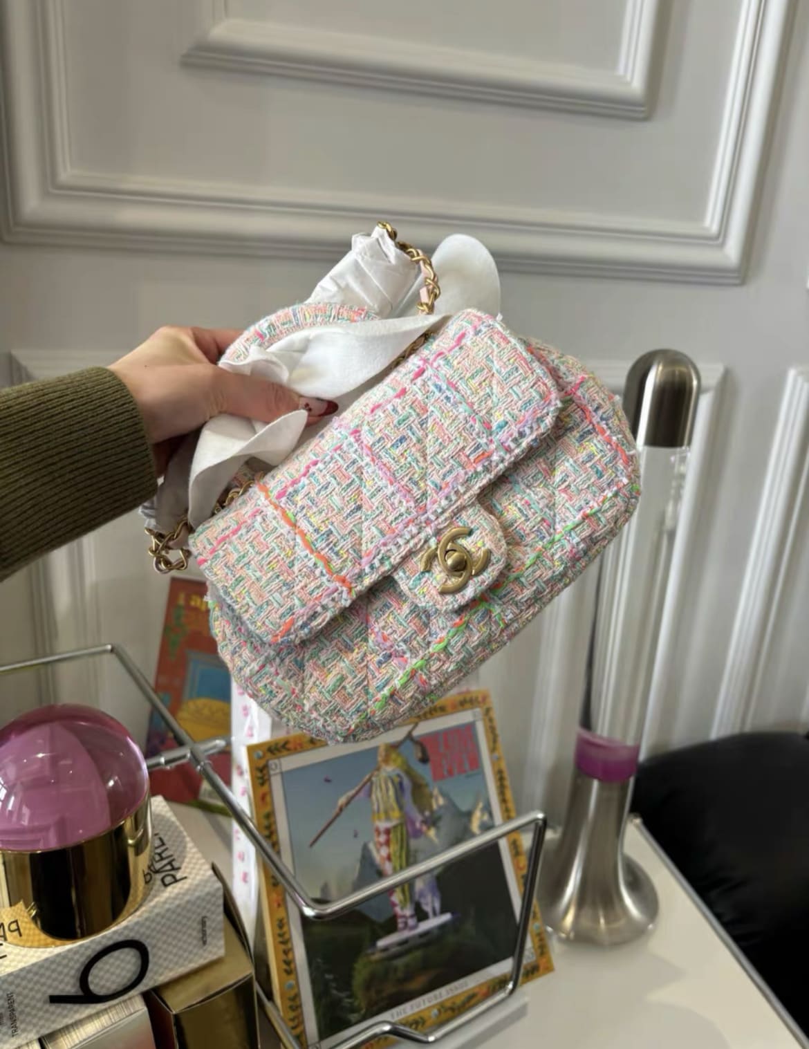 Chanel Mini Flap Bag With Top Handle Pink Tweed Antique Gold Hardware