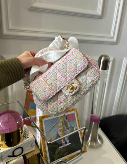 Chanel Mini Flap Bag With Top Handle Pink Tweed Antique Gold Hardware