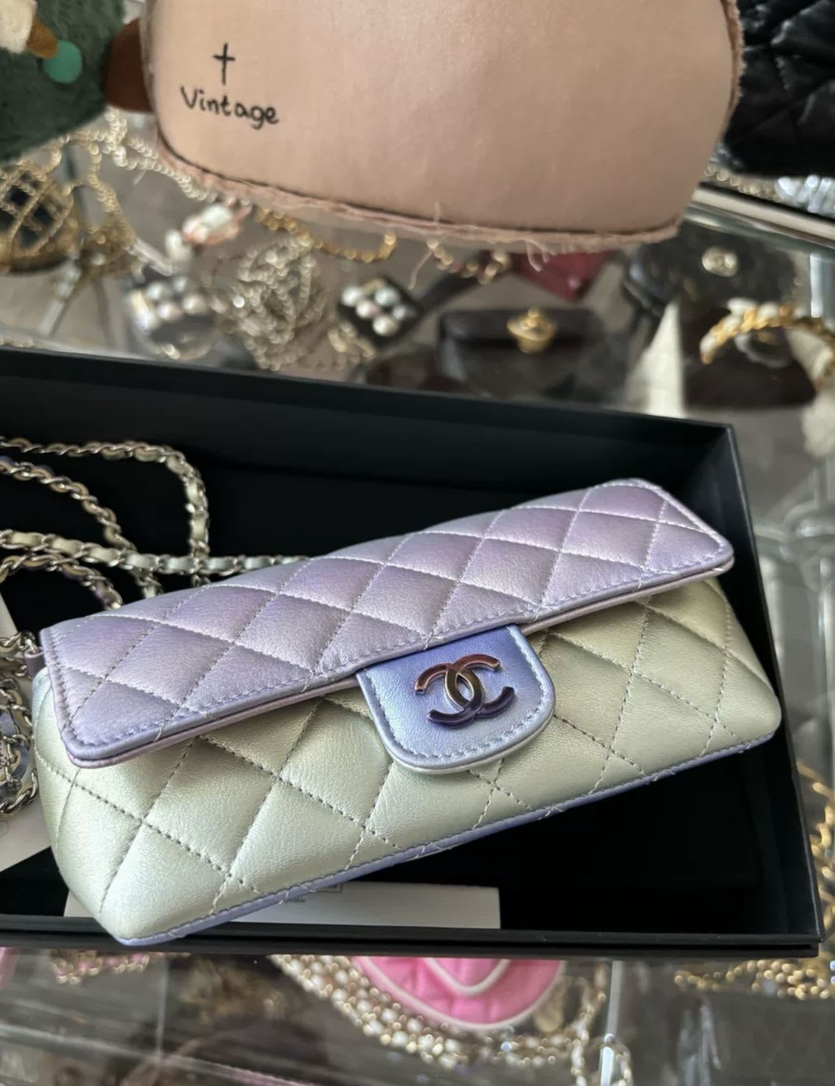 Chanel Gradient Metallic Quilted Lambskin Glasses Case On Chain Iridescent Hardware 2021