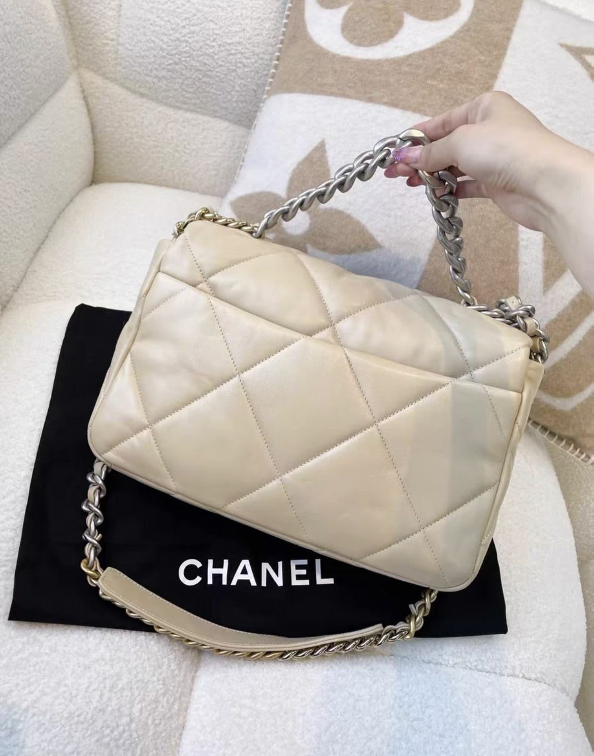 Chanel Beige Silver Medium 19Bag