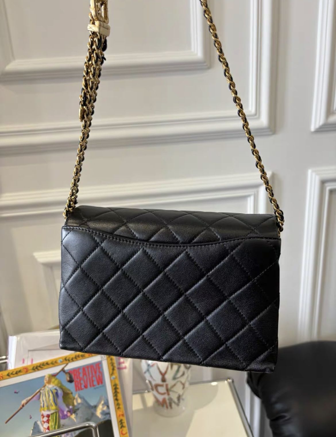 Chanel23S Black Gold Cowhide Metal Braided Belt Shoulder Strap