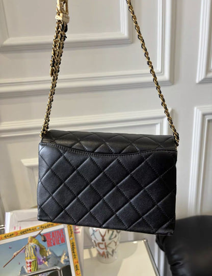 Chanel23S Black Gold Cowhide Metal Braided Belt Shoulder Strap