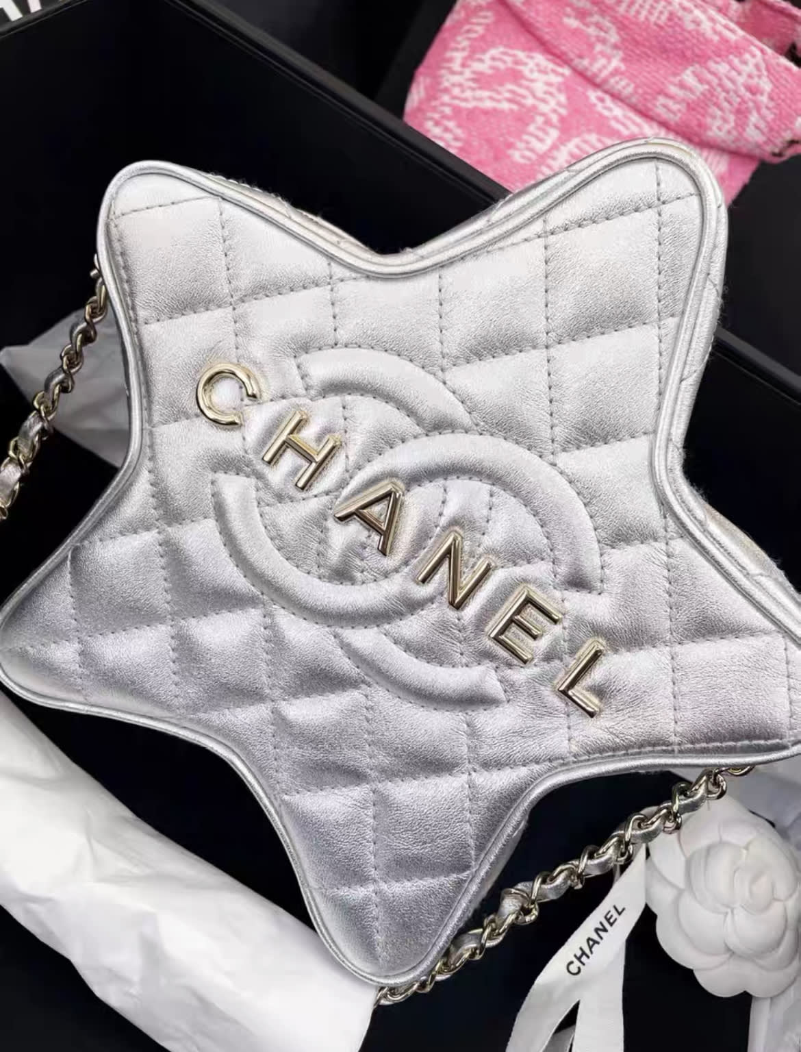 24C Chanel Silver Metallic Lambskin Star Logo Runway Bag Nwt
