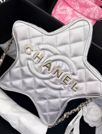 24C Chanel Silver Metallic Lambskin Star Logo Runway Bag Nwt