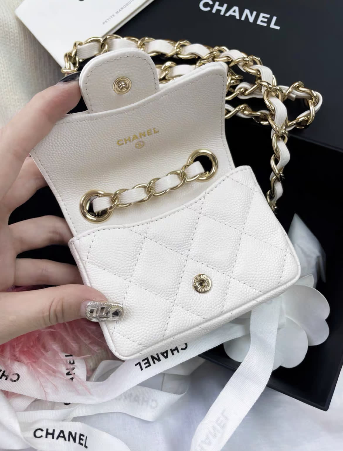 Chanel White Gold Lychee Leather Belt Bag