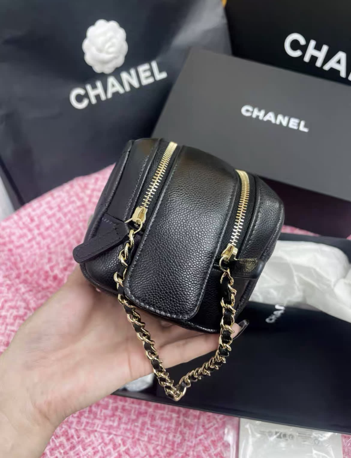 Chanel 24 Black Gold Lychee Leather Makeup Toiletry Bag Clutch
