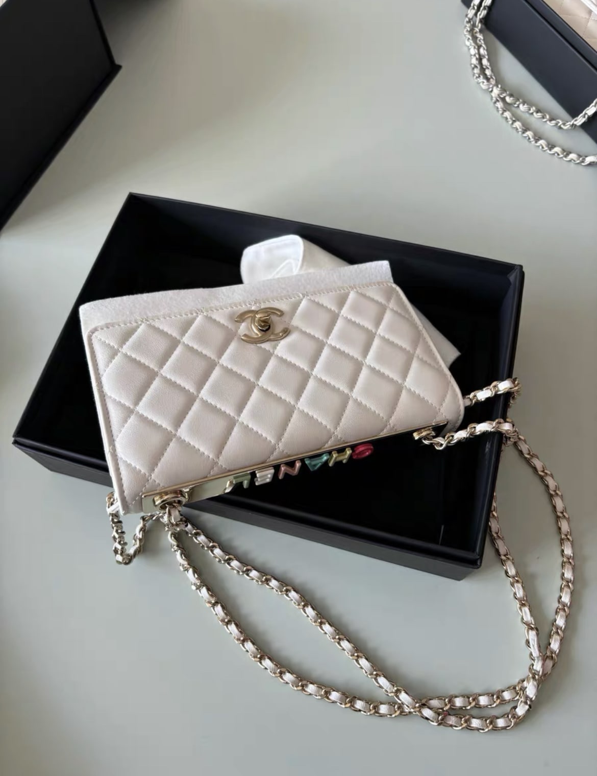 Chanel 24C Trendy Cc White Quilted Lambskin Multicolour Letter Silver Hardware