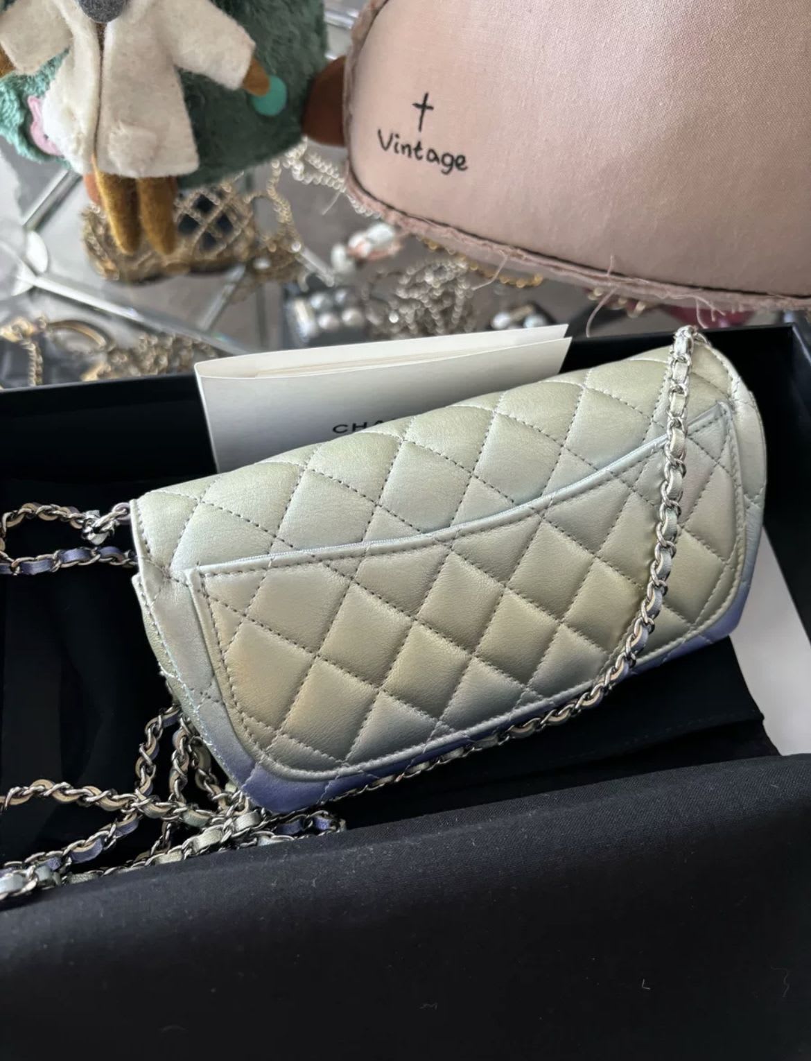 Chanel Gradient Metallic Quilted Lambskin Glasses Case On Chain Iridescent Hardware 2021