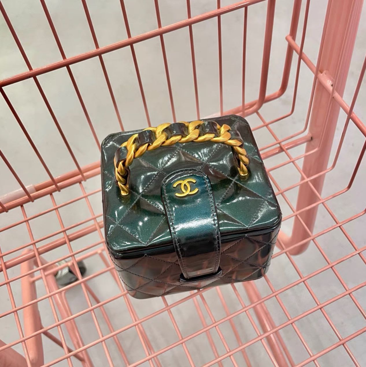 Chanel Vanity Case Micro Mini 90S Green Rare Patent Clutch