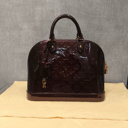 Louis Vuitton Alma Monogram Vernis Leather HandBag Burgundy 31x24x15cm