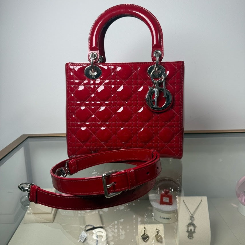 Dior Lady Dior Red Patent Leather Mm 2Ways Bag