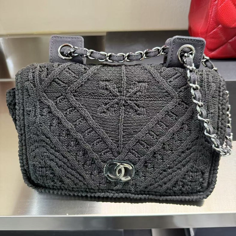 Chanel Black Knit Shoulder Bag - Medium Crossbody with Silver Hardware