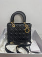 Lady Dior Medium Black Leather Top Handle Bag With Gold Hardware - Full Set