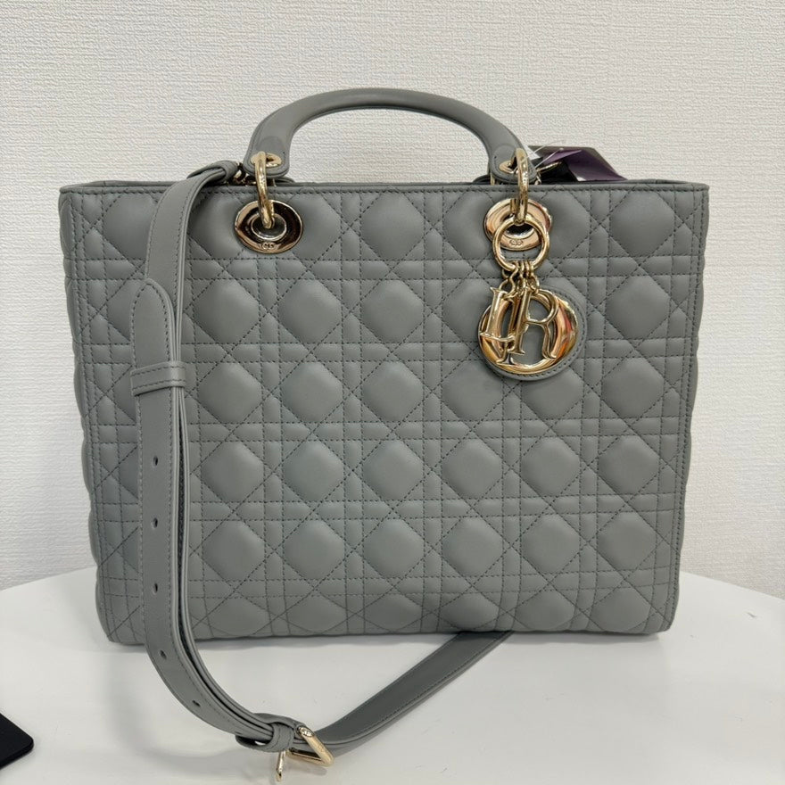 A Rank Dior Lambskin Lady Dior 2Way Bag Large Gray Fm0081