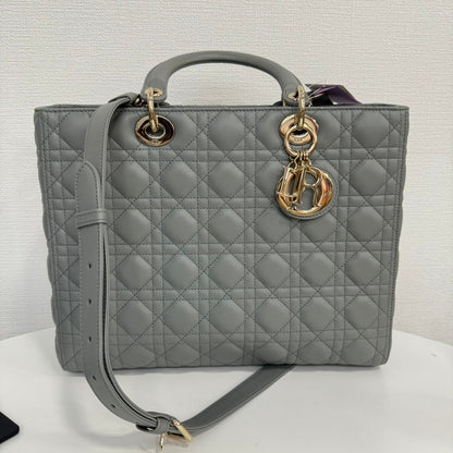 A Rank Dior Lambskin Lady Dior 2Way Bag Large Gray Fm0081