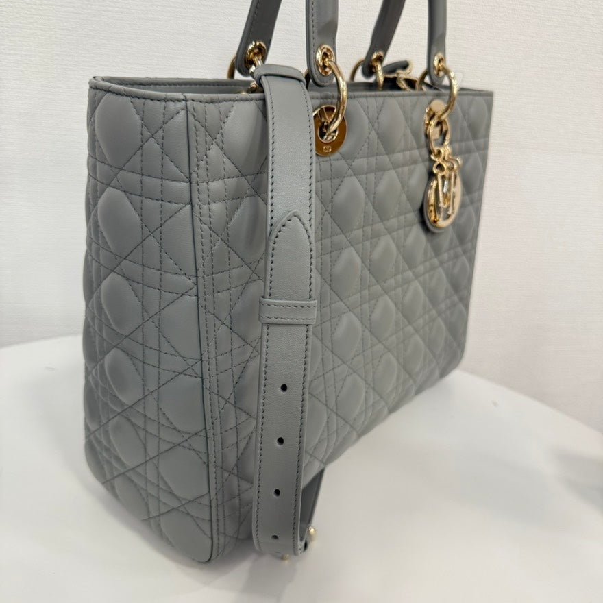 A Rank Dior Lambskin Lady Dior 2Way Bag Large Gray Fm0081
