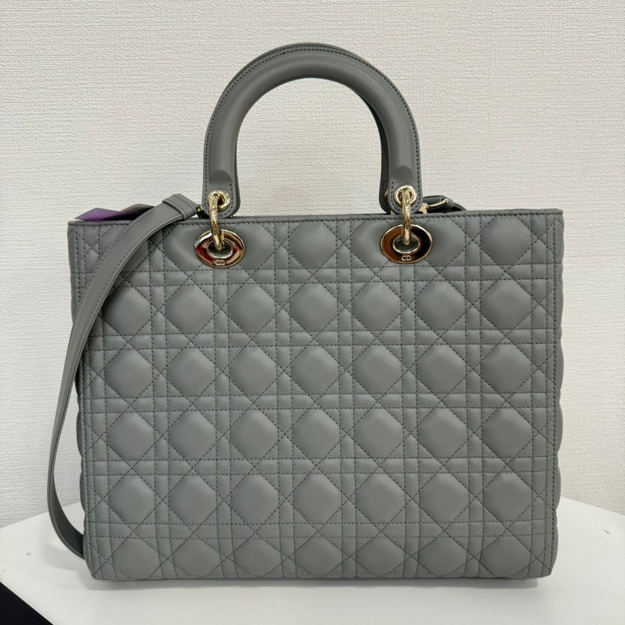 A Rank Dior Lambskin Lady Dior 2Way Bag Large Gray Fm0081