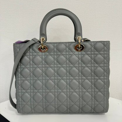 A Rank Dior Lambskin Lady Dior 2Way Bag Large Gray Fm0081