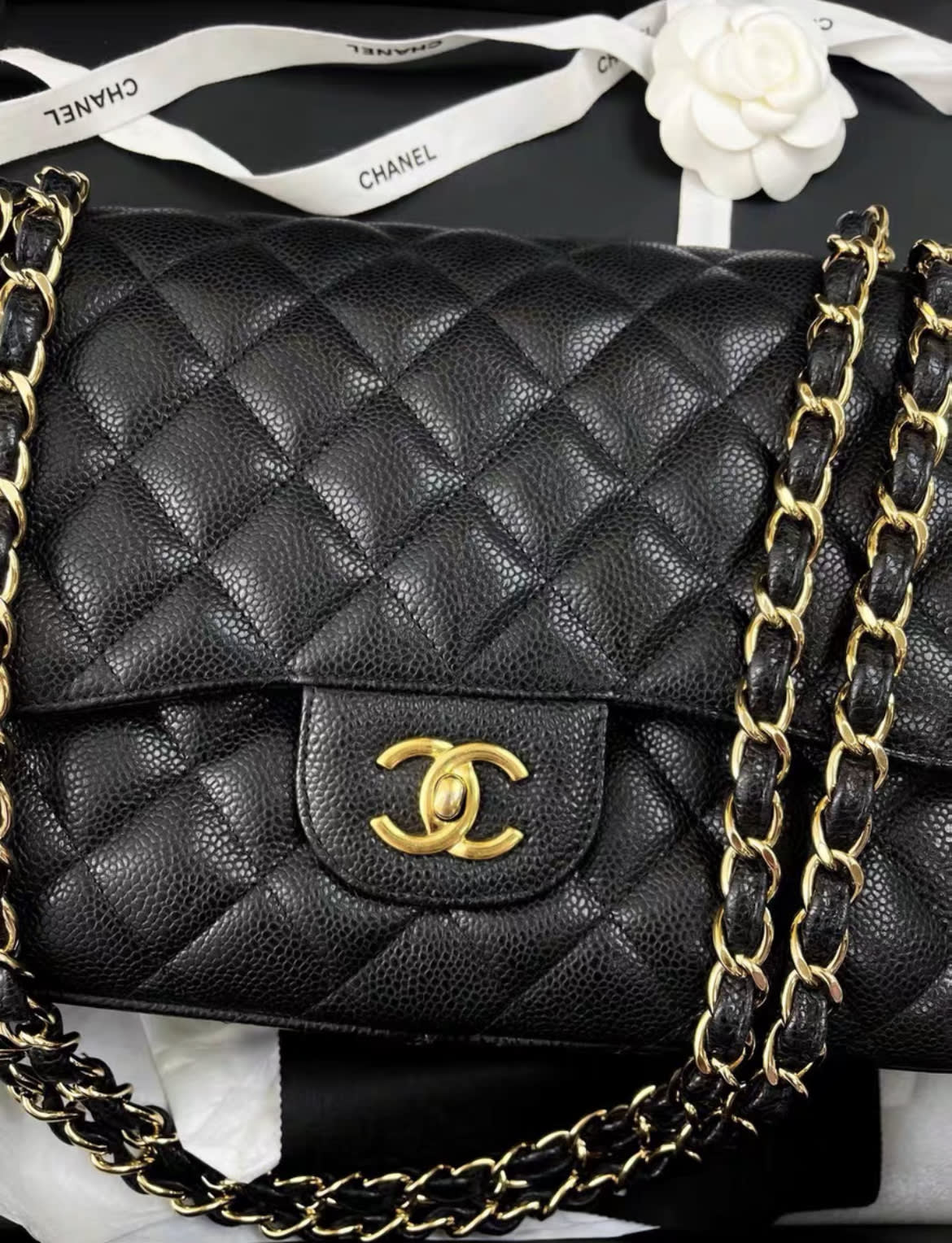 Chanel Black Lychee Cowhide Cf Large Jumbo Chain Bag